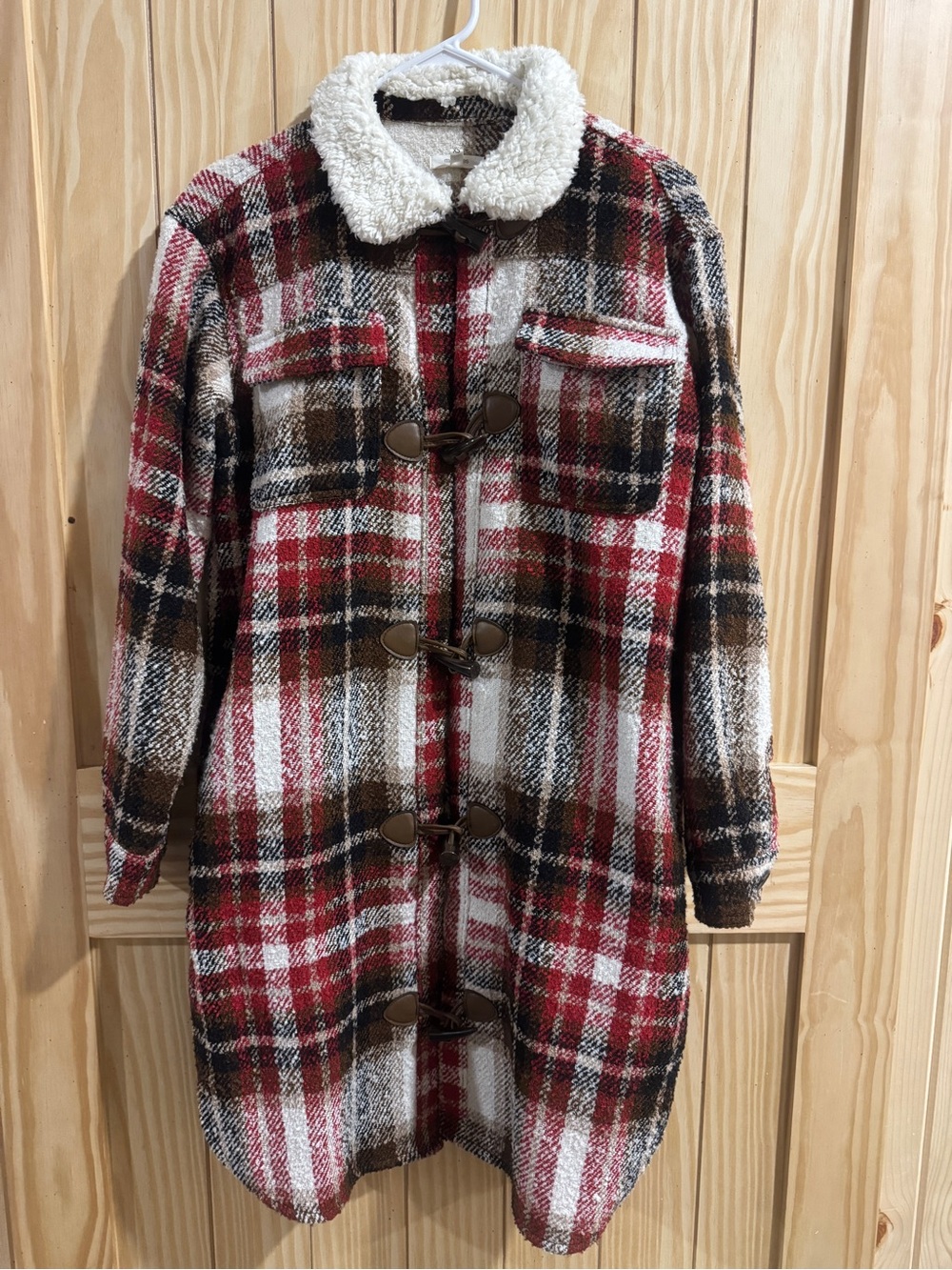 Maurices Black, Red and White Flannel Trenchcoat—heavyweight—Women’s XS
